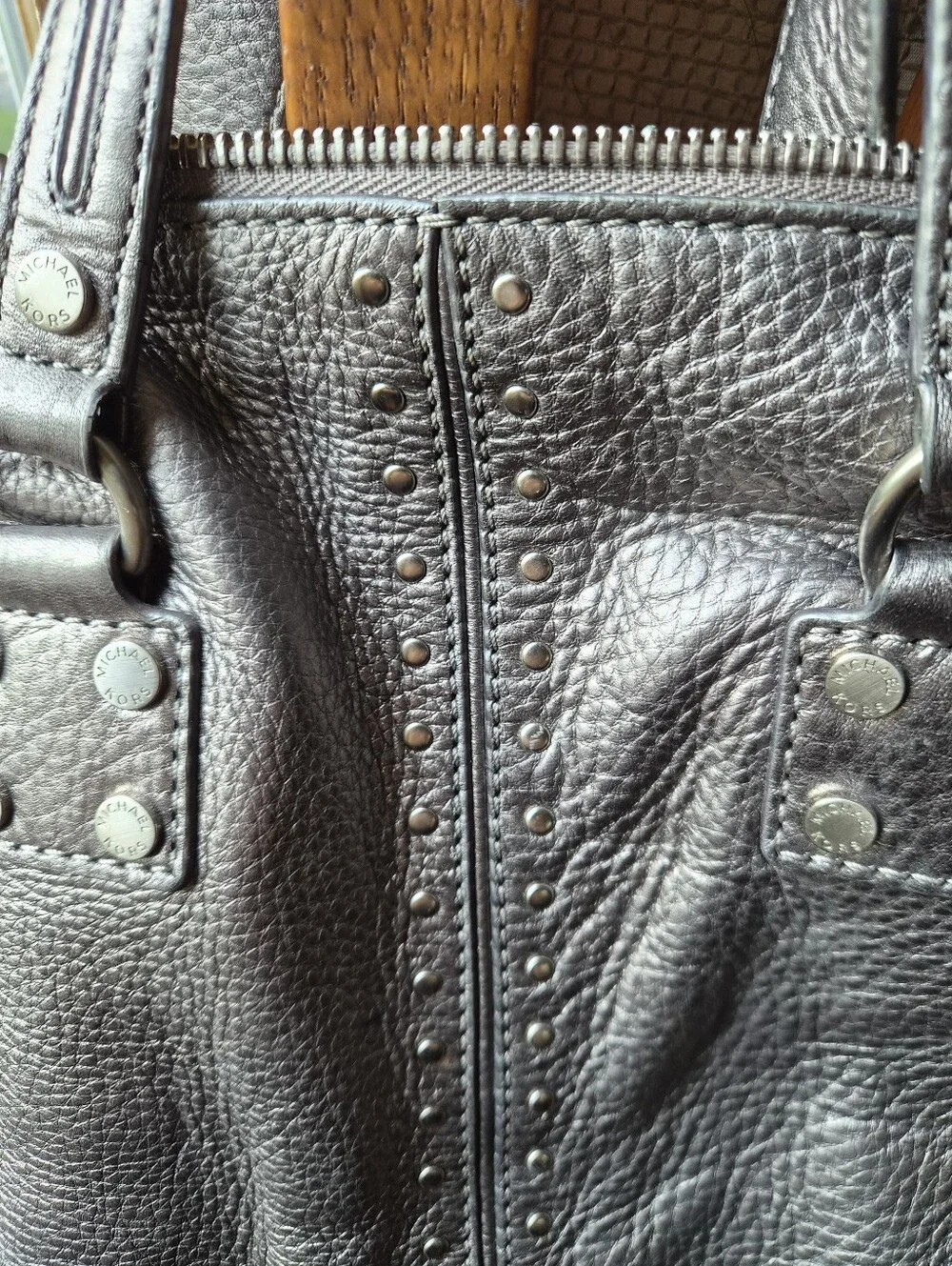 Michael Kors Ladies Pewter Astor Studded Satchel Handbag